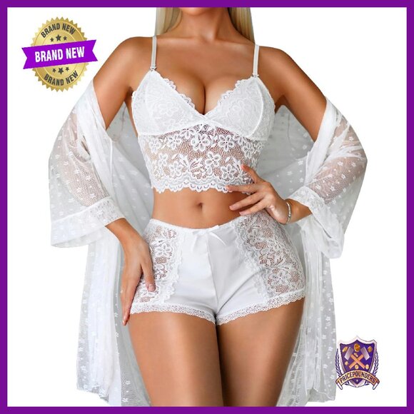 Sexy 3-Piece Lace Lingerie Set with Mesh Kimono Robe Sleepwear